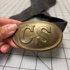 Repro Civil War Black Leather Belt with "CS" Brass Oval belt buckle, SZ 38"-44"W — photo 3
