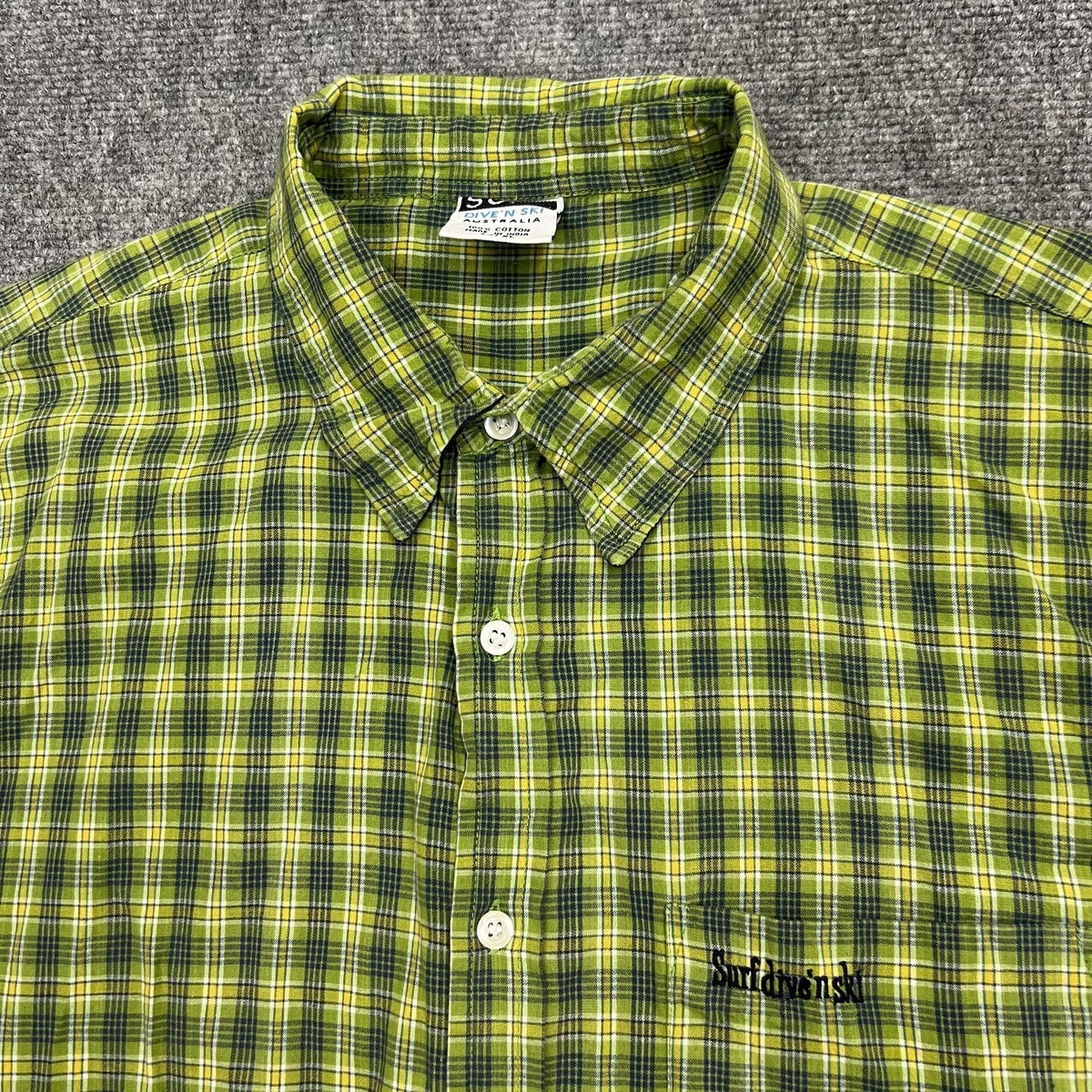 Surf Dive N Ski Shirt Mens XL Green Yellow Plaid Short Sleeve Button Casual