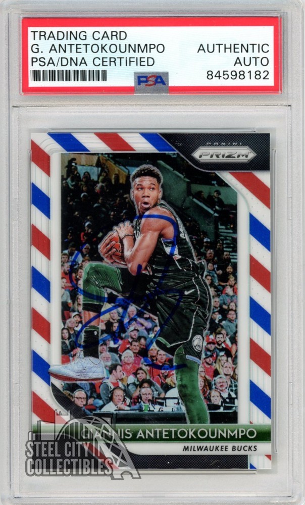 Giannis Antetokounmpo 2018-19 Panini Prizm Red White Blue Auto Card #296 PSA/DNA
