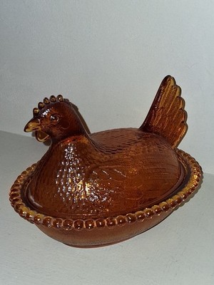 Vintage Amber Gold Indiana Glass Hen on a Nest 7'' Beaded