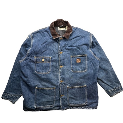 #ad Vintage BCC Workwear Denim Barn Chore Coat Jean Jacket Mens Large Lined Corduroy $64.99