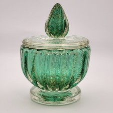 Archimede Seguso Murano Glass Green And Gold Round Powder Box