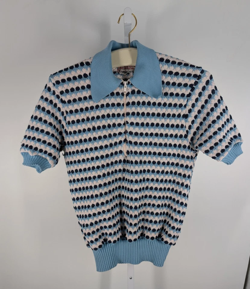 Camisa polo vintage McGregor malha anos 60 anos 70 mod geométrica azul branca pipoca GG - Imagem 2 de 4