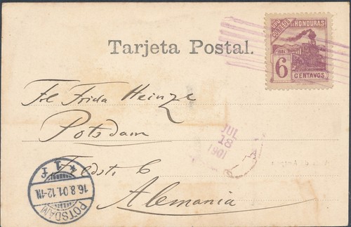 1908 Honduras PPC "Amapala", single 6c Locomotive tied by line violet