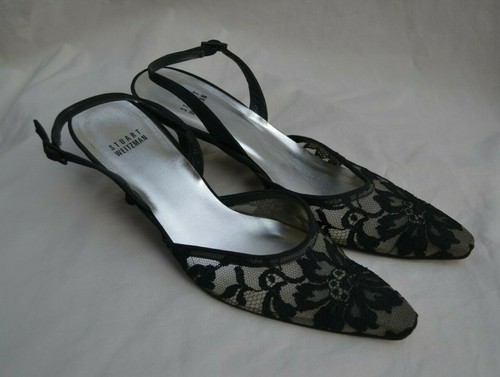 Stuart Weitzman authentisch 399 $ Damen-Slingback-Pumps schwarz Spitze Vintage Größe 8,5 - Bild 5 von 11