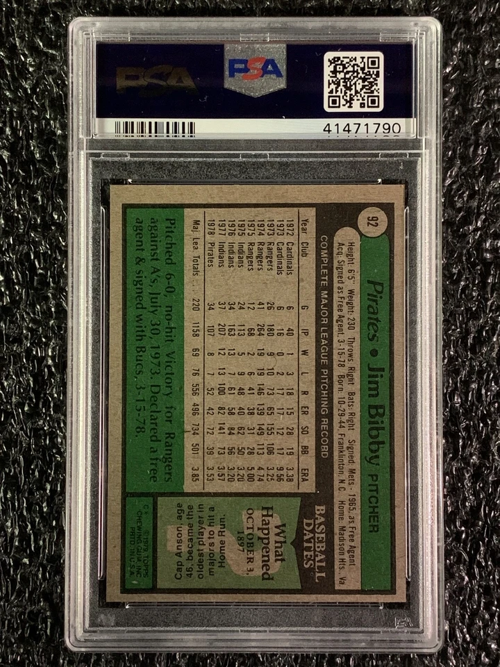 1979 Topps Baseball #92 Jim Bibby PSA 8 - Image 2 of 2