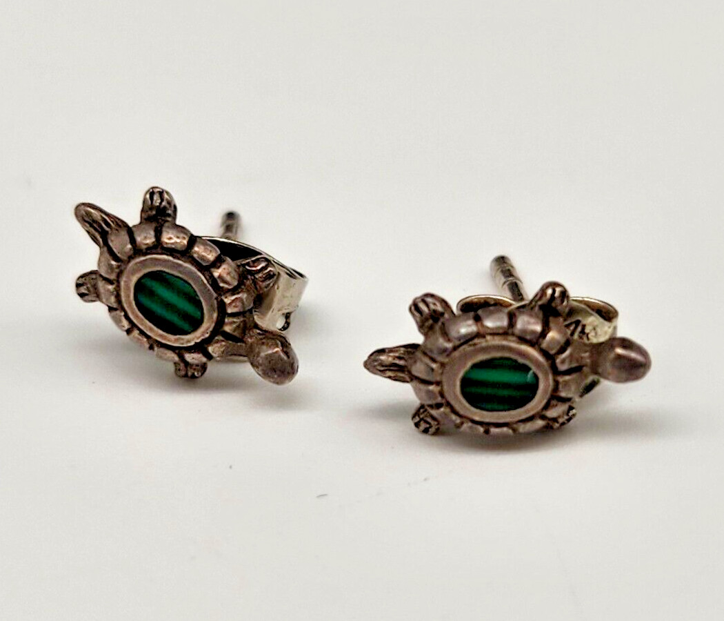 Sterling Silver Malachite Turtle Stud Earrings - image 4
