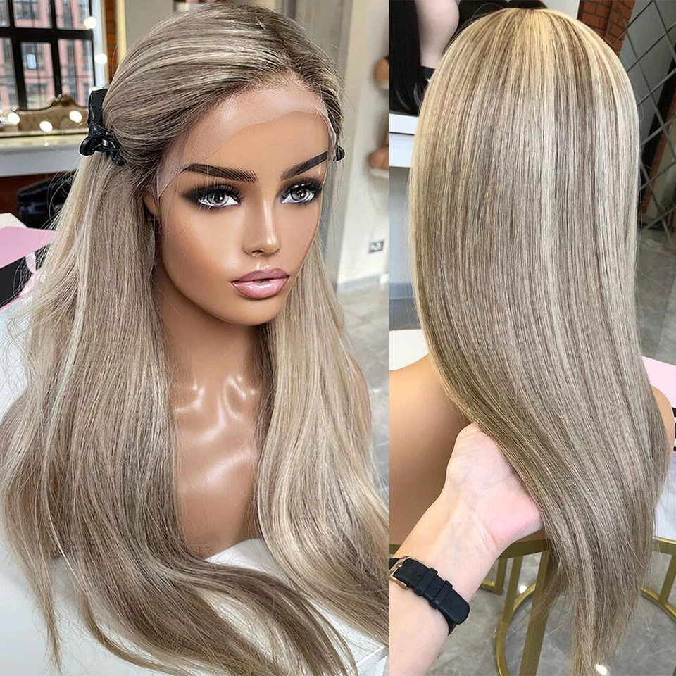 Ash Blonde Straight Lace Front Wig 100% Human Hair Dark Roots Pre Plucked - Image 2 of 4