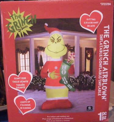 Gemmy 9ft Giant Grinch as Santa with Ho Ho Ho Stocking Airblown Inflatable