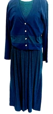 Herman Geist Womens 2pc Dress Cardigan Set Size M Green Blue Stripe Maxi Cotton