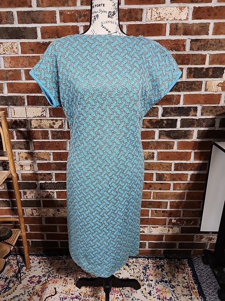 Vestido Suéter Vintage Años 70 Azul Turquesa Manga Corta Mediados de Siglo Damas  Foto 4 de 4