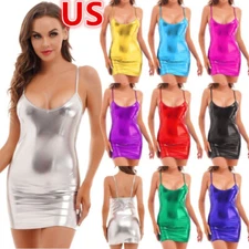 US Women's Shiny Metallic Spaghetti Strap Mini Dress Bodycon Dresses Club Party