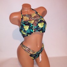 Victoria Secret Swim Bikini Top  Bottom Push Up Black Green Tropical VS Archive