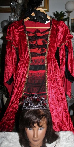 3 PC.TUDOR PRINCESS VELVET BURGUNDY/BLK FANCY DRESS FREE MASK&TIARA /SZ:LRG 8-10 - 第 1/12 張圖片