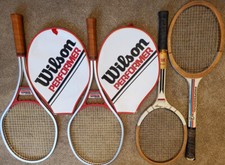 4 anciennes raquettes de tennis WILSON métal + 2 housses, KINGS, RAWLINGS bois Newcombe