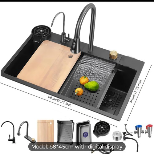 Smart Digital Display Waterfall Kitchen Sink Pullout Faucet 3 Modes Spray 68*45 - Picture 7 of 9