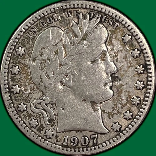 1907-S Barber Quarter Very Fine VF Coin, Damaged #33351