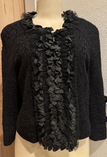 St John Couture Black Boucle Knit Jacket sz 8 Glitter Knit Jacket w/Ruffles Zip