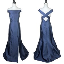 ALFRED SUNG D751 Midnight NWT 14 Off the Shoulder Criss Cross Back Satin Dress