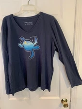 NEW Life Is Good Size XXL Long Sleeve T Shirt Blue Turtle V Neck