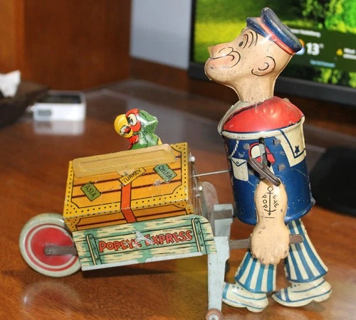MARX Wind UP POPEYE EXPRESS w/PARROT CART TRUNK/wheelbarrow. 1932 - WORKS