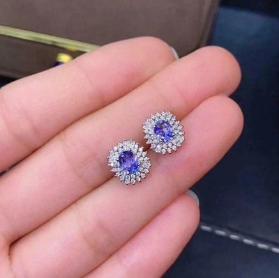 2Ct Oval Cut Lab Created Blue Tanzanite Stud Earrings 14K White Gold Plated
