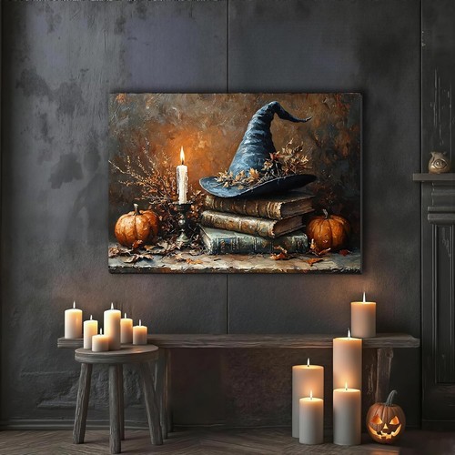 Framed Halloween Canvas Wall Art 8x12 Witch Hat Pumpkin Vintage Spooky Decor - Picture 6 of 8