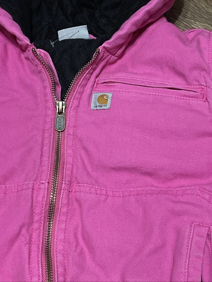 Carhartt 儿童热销粉色 S 码 7/8 夹克外套连帽口袋鸭帆布 — 第 3/4 张图片