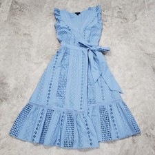 J. Crew 2T Blue All Over Eyelet Midi Wrap Dress Vneck Cap Sleeve Cotton cottage