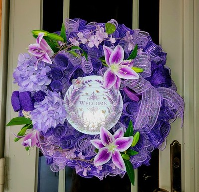 Summer Everyday Welcome Wreath Purple Lillies, Rattan Balls  Hydrangea Handmade