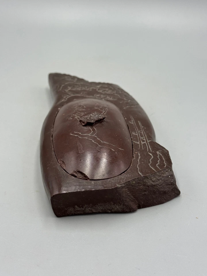 Antiguo plato japonés de tinta tallada en piedra del siglo XIX firmado 8 1/4"" Foto 4 de 4