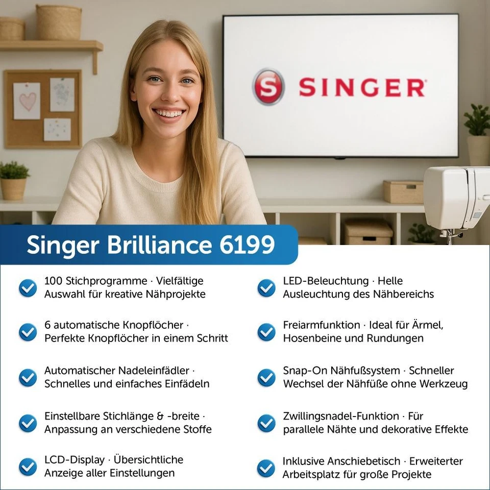 Singer Brilliance 6199 Computer-Nähmaschine Einsteigernähmaschine robust 100 Sti - Bild 2 von 4