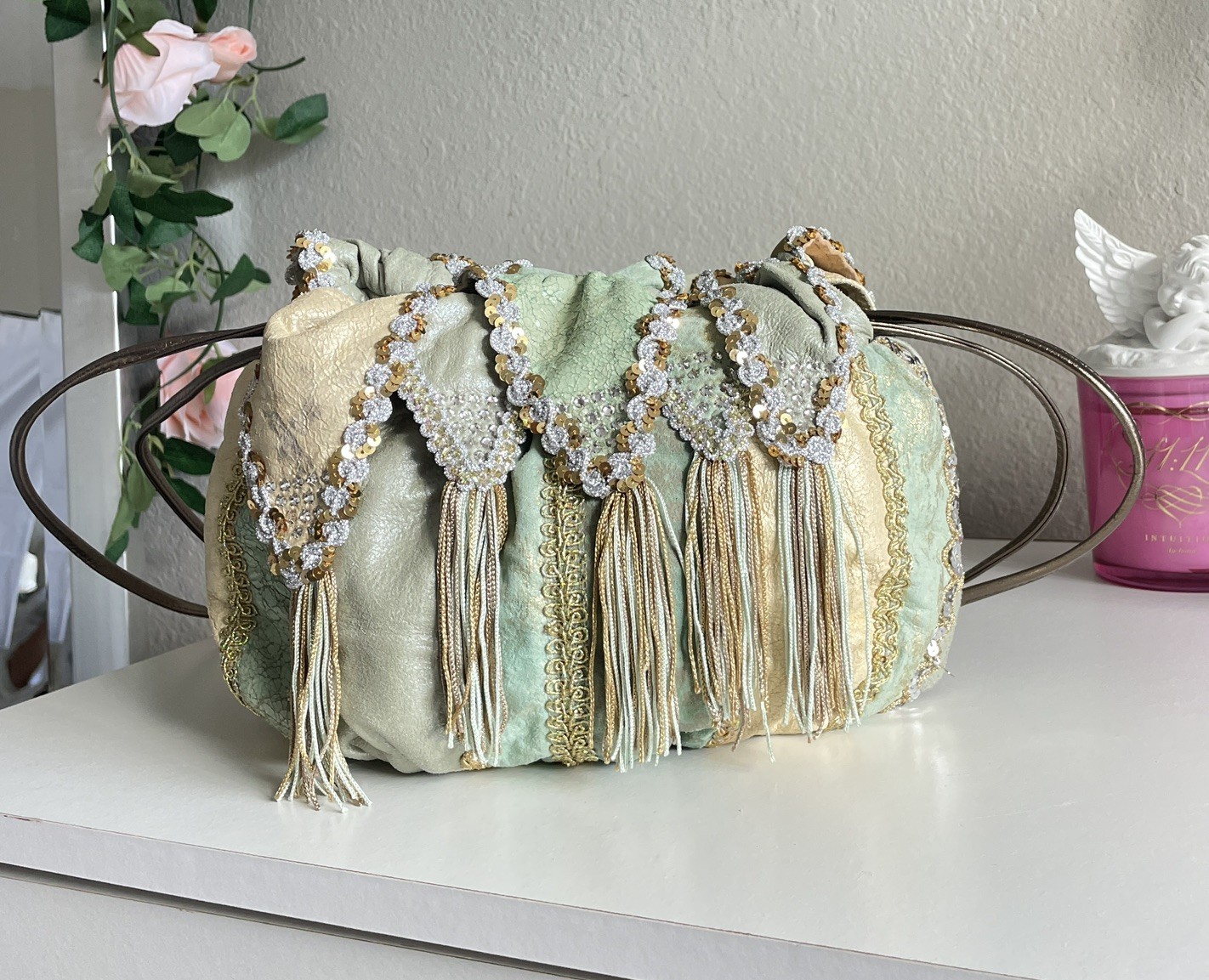 Vintage Jester Patchwork Drawstring Bag Purse 80s… - image 1