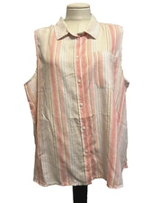 TIME AND TRU SLEEVELESS BUTTON DOWN SHIRT CORAL BELL STRIPE Sz 3XL*