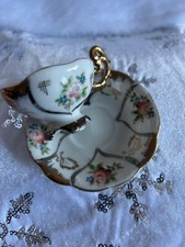 Japanese Miniature Porcelain Tea Cup  Saucer Set Gold Accents Vintage Decor