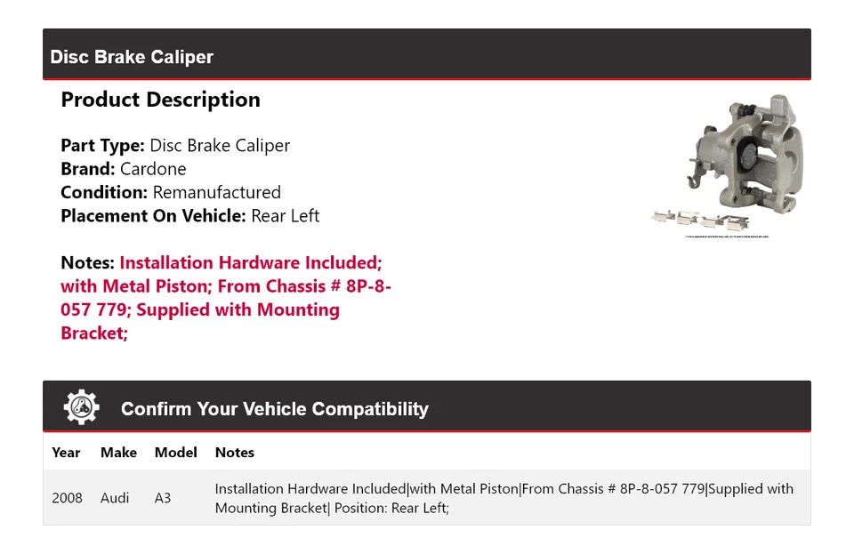 Pinza de freno de disco trasera izquierda cardone para Audi A3 2008 Foto 2 de 4