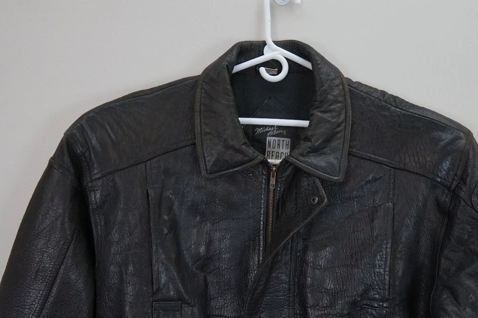 MICHAEL HOBAN For North Beach Black LEATHER BOMBER JACKET SIZE XL - Image 4 of 4