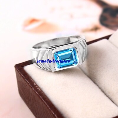 Natural Blue topaz Gemstone with 925 Sterling Silver Ring For Men's #8699