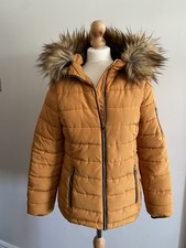 Matalan Yellow Mustard Puffy Fur Collar Hooded Coat Size 8 Pockets Winter Warm