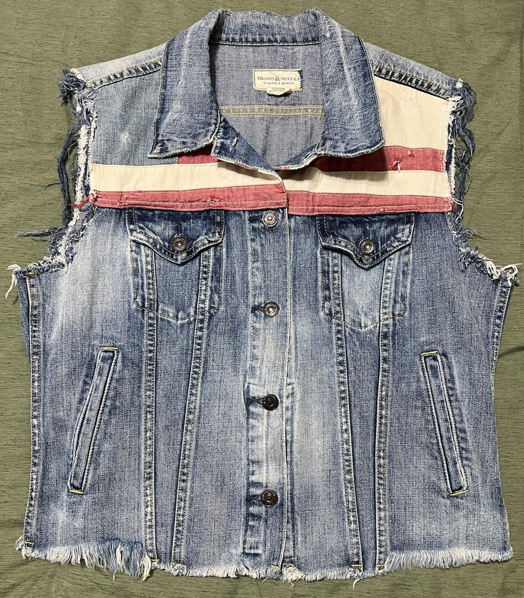 Ralph Lauren Denim Supply Vest L American Flag Patriotic USA Cotton  Distressed