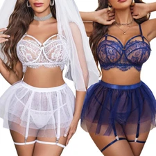 Sexy Lace Garter Lingerie for Women Mesh Mini Skirt Nightwear Babydoll Bodysuit