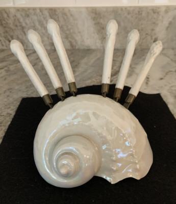 1890's SCHAFER & VATOR PORCELAIN PEARL LUSTER CONCH + 6 UCHATIUS BRONCE KNIVES
