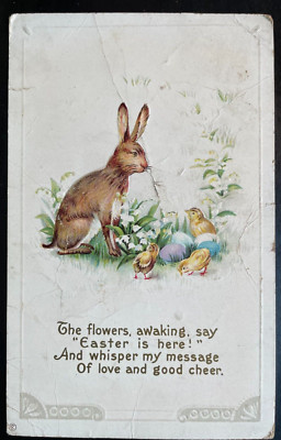 Vintage Victorian Postcard 1914 Easter is Here! Bunny with Chicks