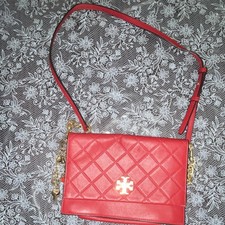 Tory Burch Red Quilted Shoulder Bag Gold Hardware Chain Strap Logo Women