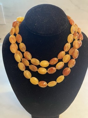 Triple Strand Cut Marigold Amber Stone Necklace Lovely Unique Versatile Jewelry
