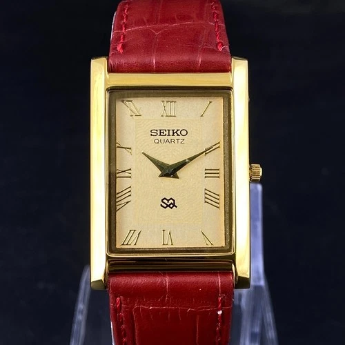 Vintage Seiko Slim Tank Quartz Men Golden  Dial Dress Watch-Free DDP Shipping