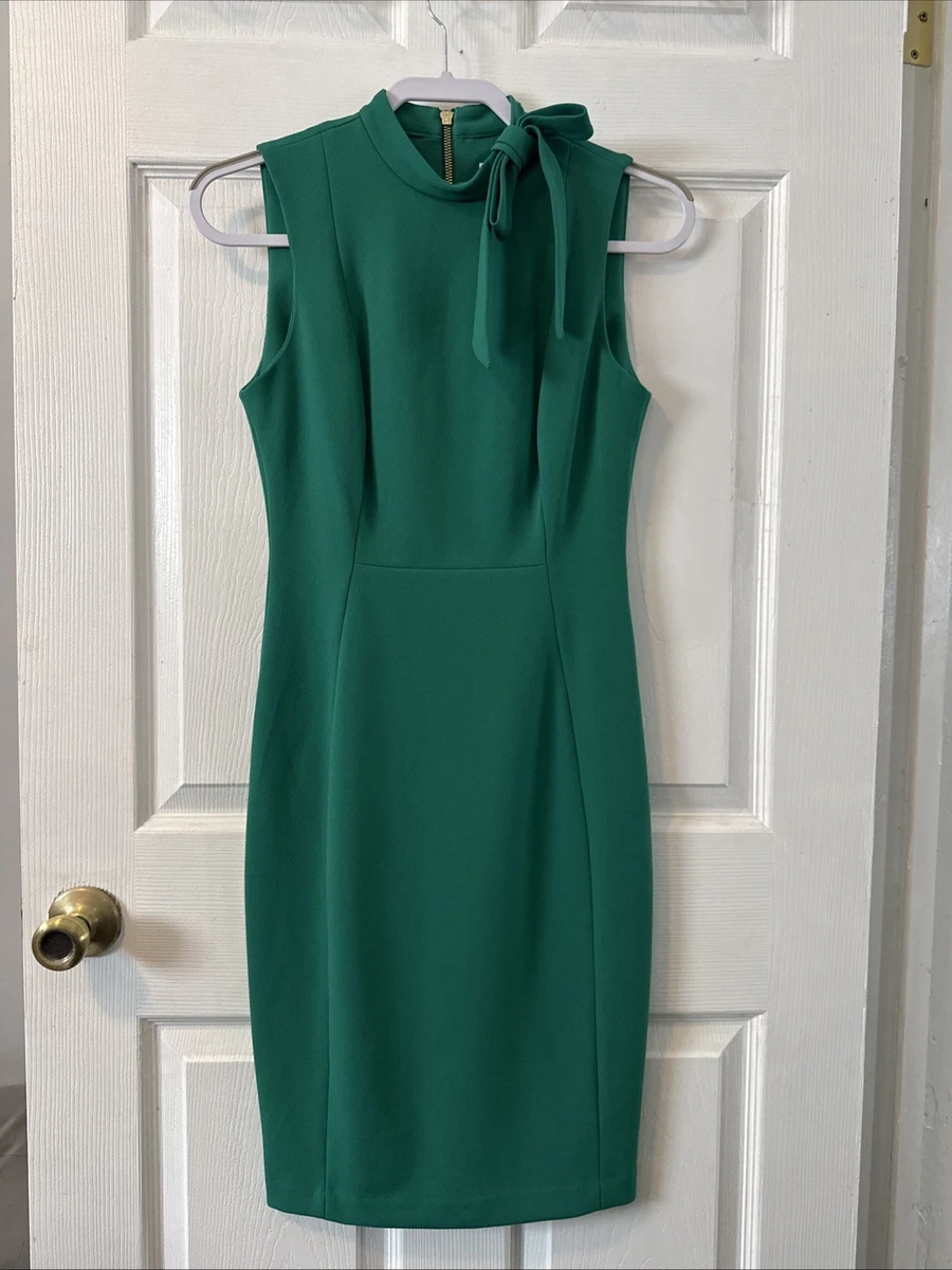 calvin klein dark green dress Calvin Klein Women's Green Tie-Neck 3/4-Sleeve Ruffled Dress COUTUREPOINT