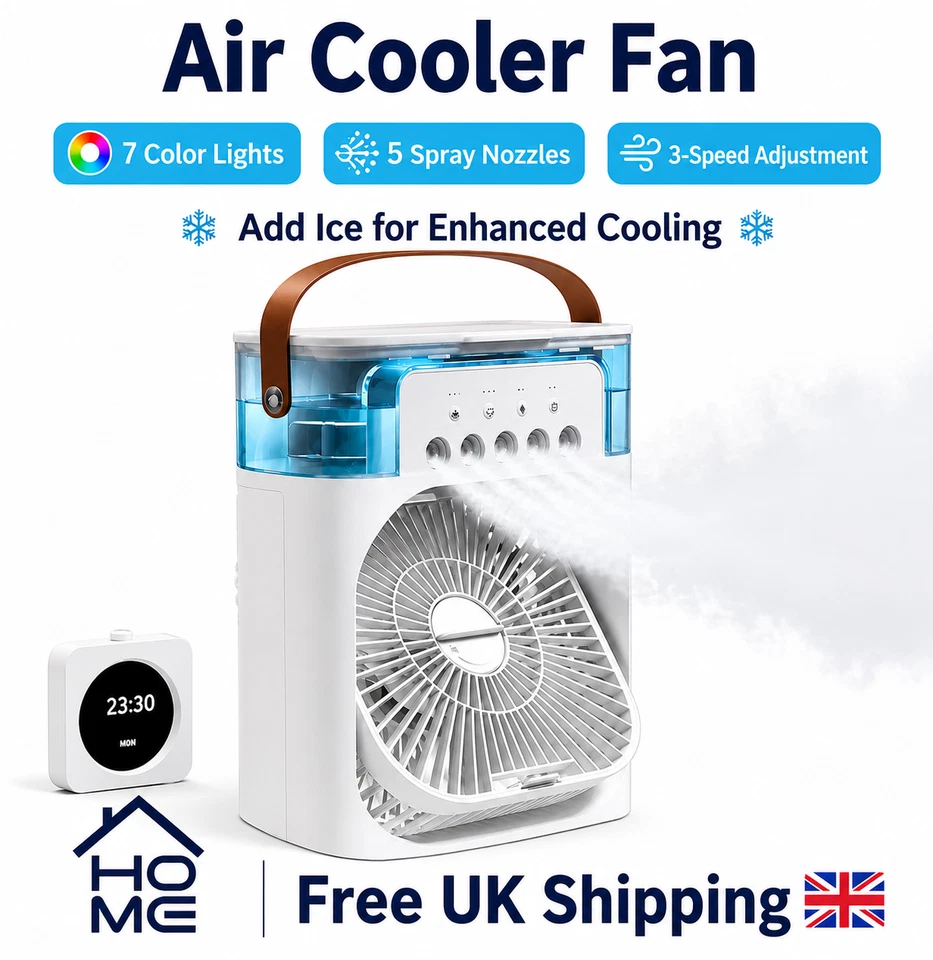 3-in-1 Portable Air Cooler Fan With Mist Spray, Humidifier & LED Lights UK - Image 1 of 1