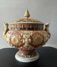 German 1894 Mettlach Punch bowl with Cover & Cavalier Handles Rare Antique