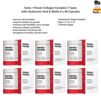 Swiss + Power Collagen Complex 5 Types mit Hyaluronsäure & Biotin Kapseln x6